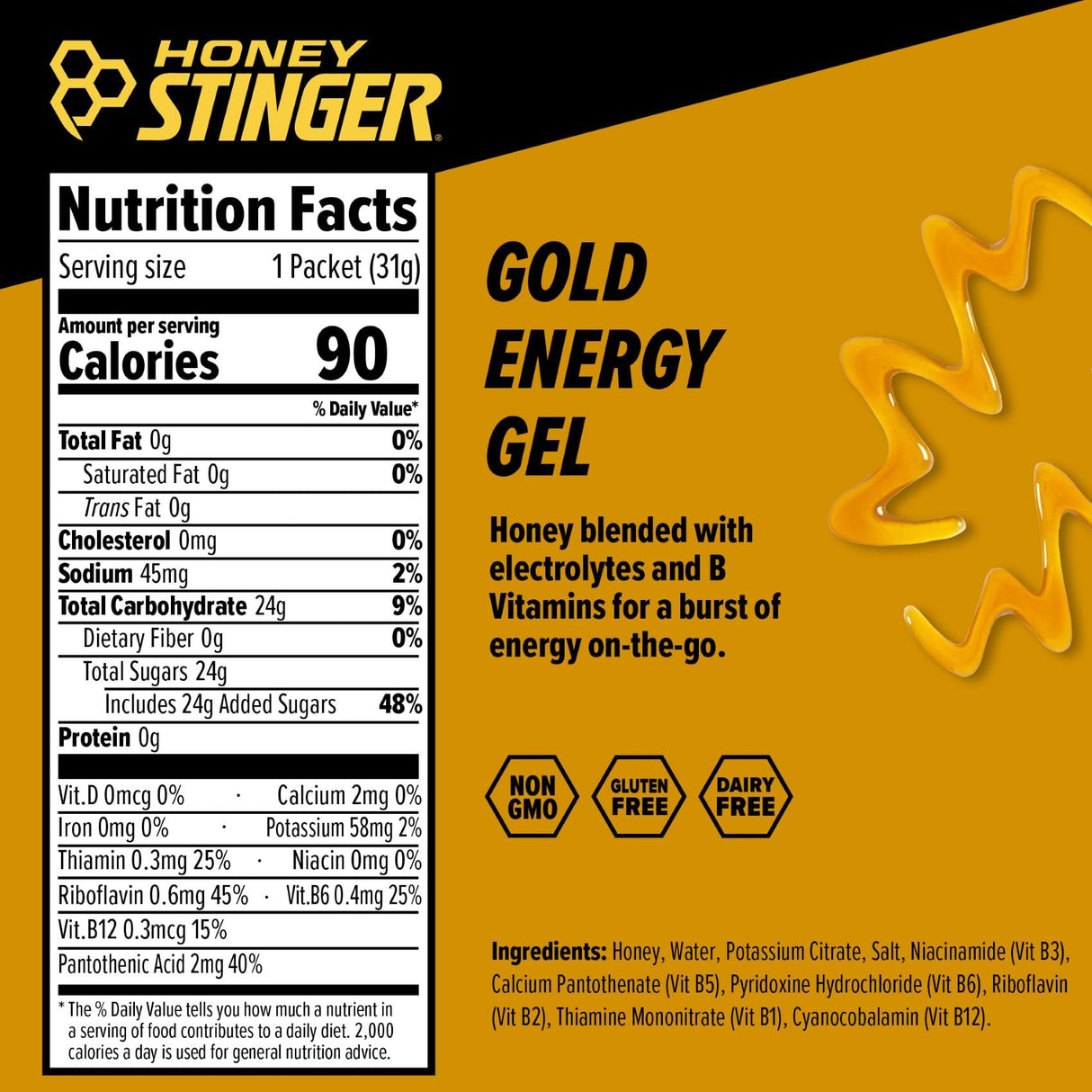 Honey Stinger Gold Energy Gel, Gluten Free & Caffeine Free, for Exercise, Running and Performance, Sports Nutrition for Home & Gym, Pre and Mid Workout, 24 Pack, 26.4 Ounce