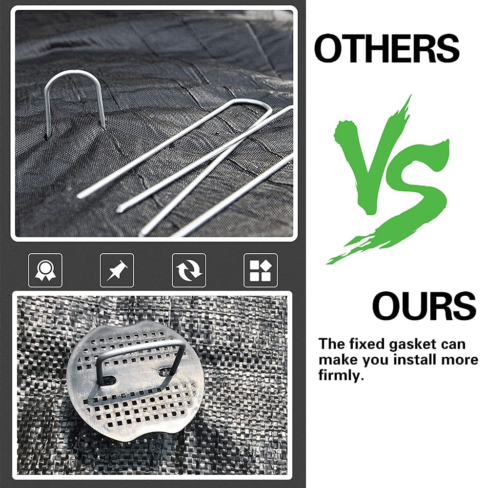 100Pcs Garden Stakes Staples + 100Pcs Gasket, Bakulyor 6 Inch Lawn Landscape Staples 11 Gauge U Shaped Galvanized Landscape Pins, Heavy Duty Yard Ground Pin for Weed Barrier Sod Fabric Decorations