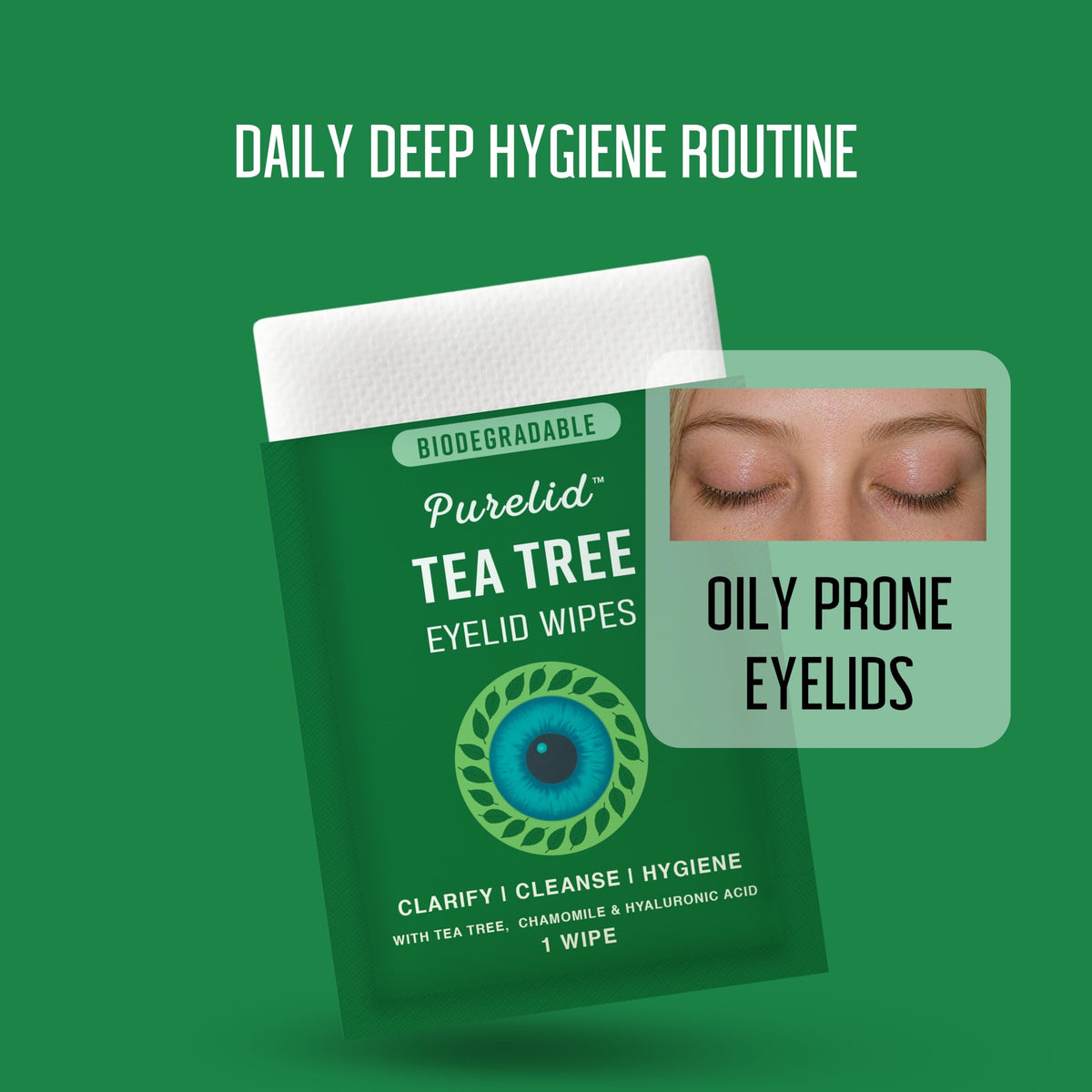 PURELID 100PCs Tea Tree Eyelid Wipes – Cleaning Eye Wipes for People with Dry Eyes & Allergies – Gentle Eyelid Cleanser with Hyaluronic Acid, Chamomile and Aloe – Individually Wrapped & Biodegradable