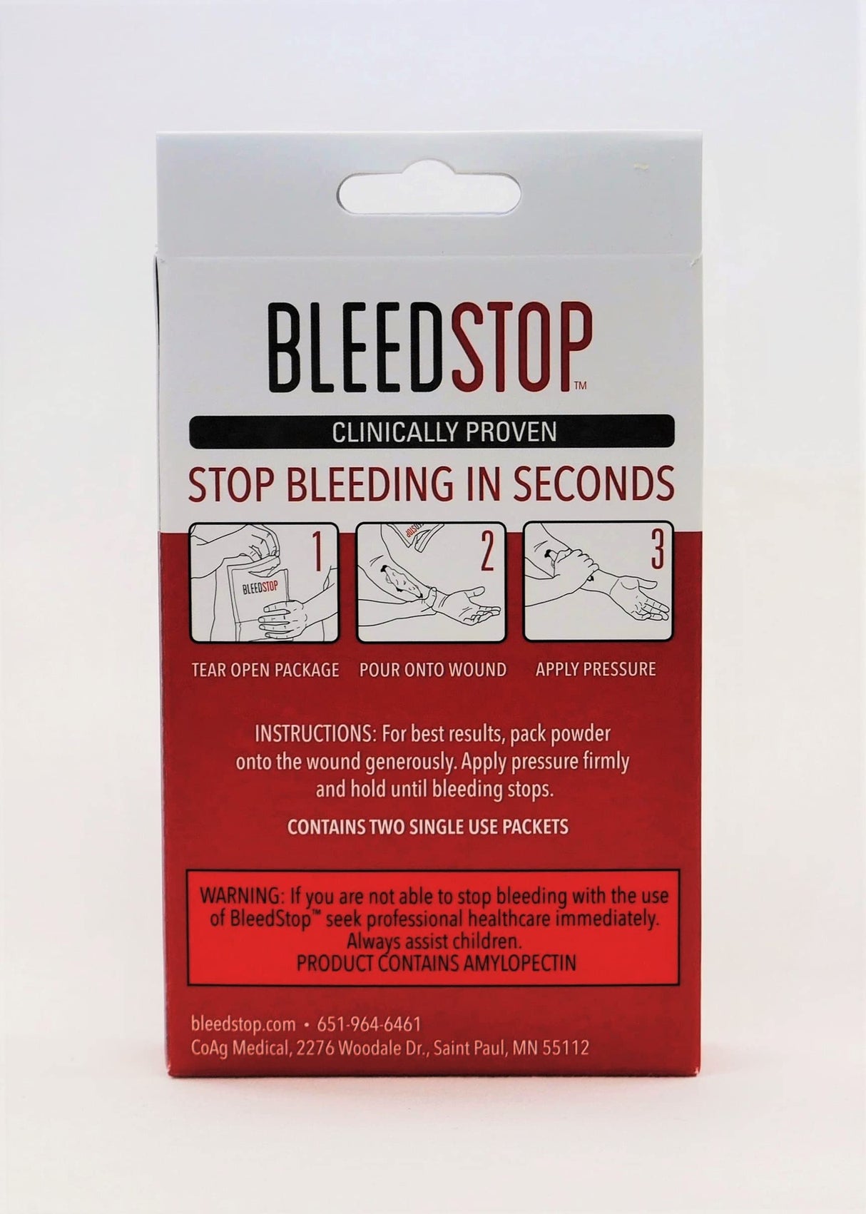 BleedStop™ First Aid Powder for Blood Clotting, Trauma Kit, Blood Thinner Patients, Camping Safety, and Survival Equipment for Moderate to Severe Bleeding Wounds or Nosebleeds - 4 (20g) Pouches