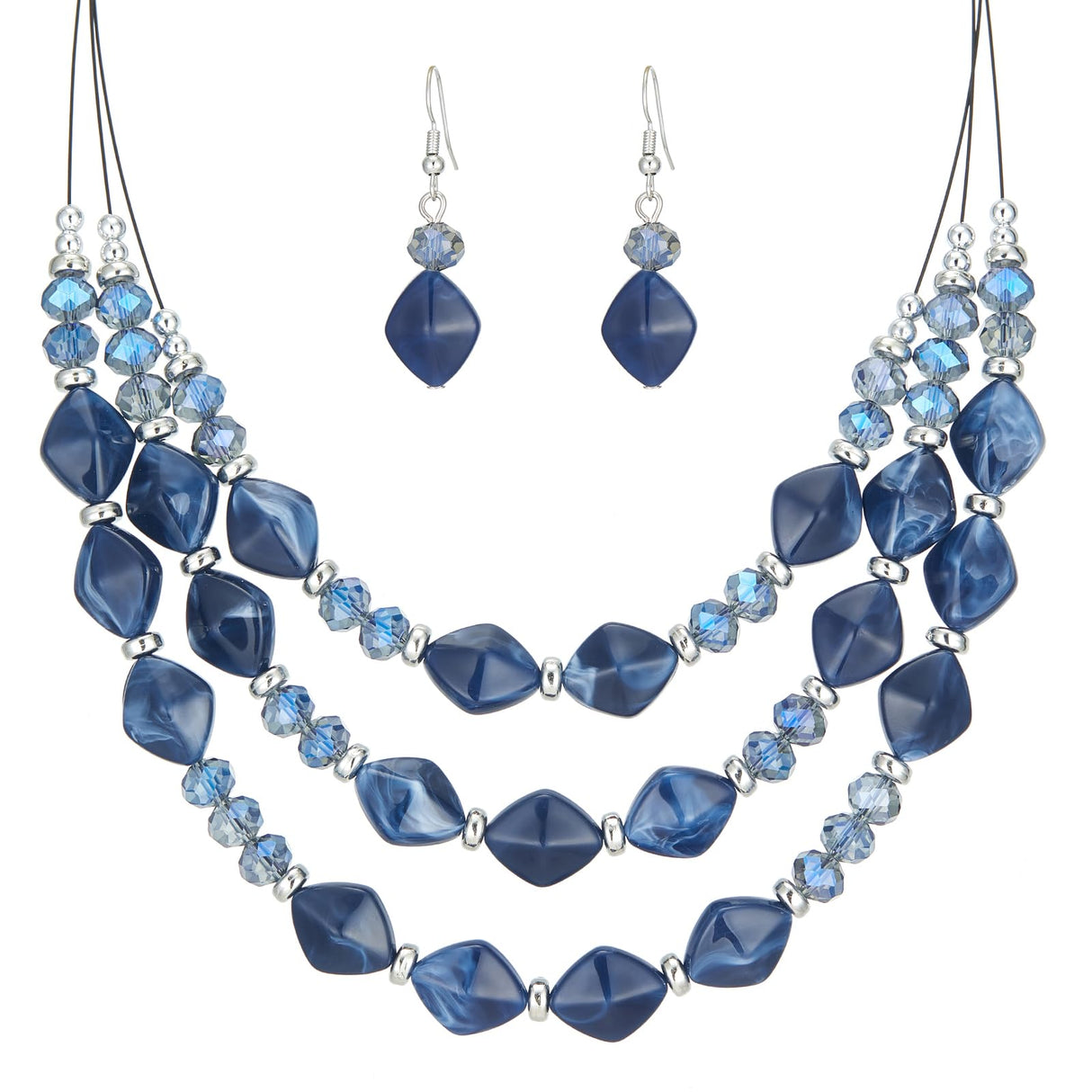 3 Layered Chunky Statement Necklace for Women Beaded Strand Necklaces with Earring Fashion Costumes Collar Necklace Jewelry Sets Gifts for Women(Blue)