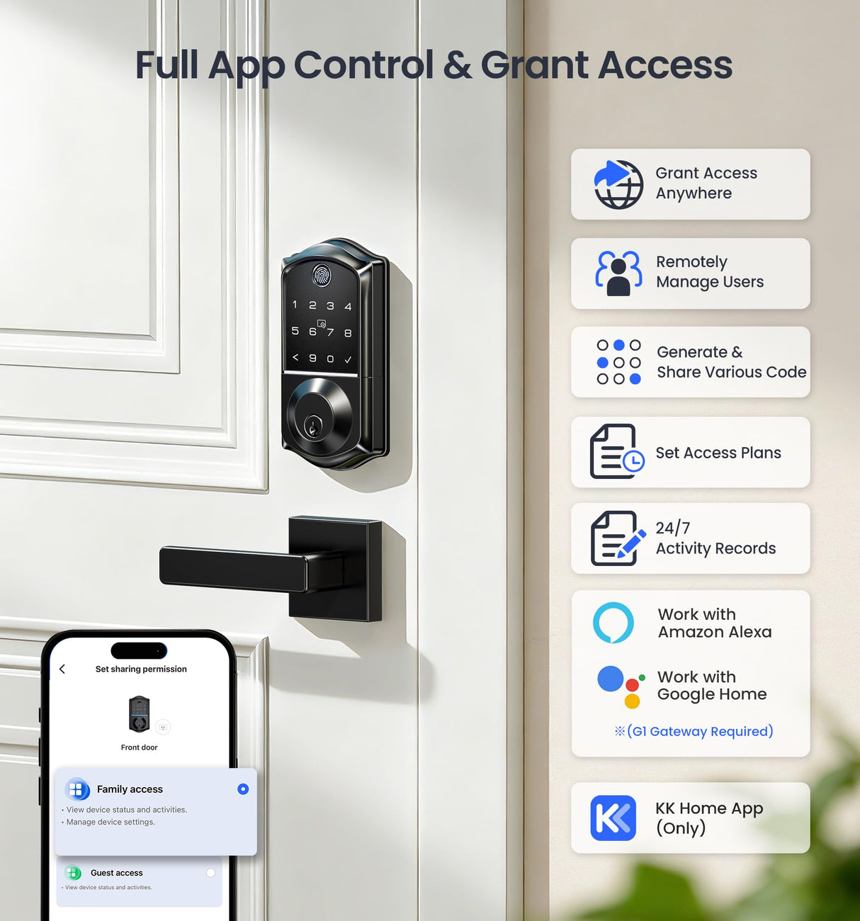 Veise VE017 Fingerprint Smart Door Lock, App Control, 8-in-1 Keyless Entry, Auto Lock, Emergency Power Port, Electronic Touchscreen Keypad, Biometric Smart Locks for Front Door, Matte Black