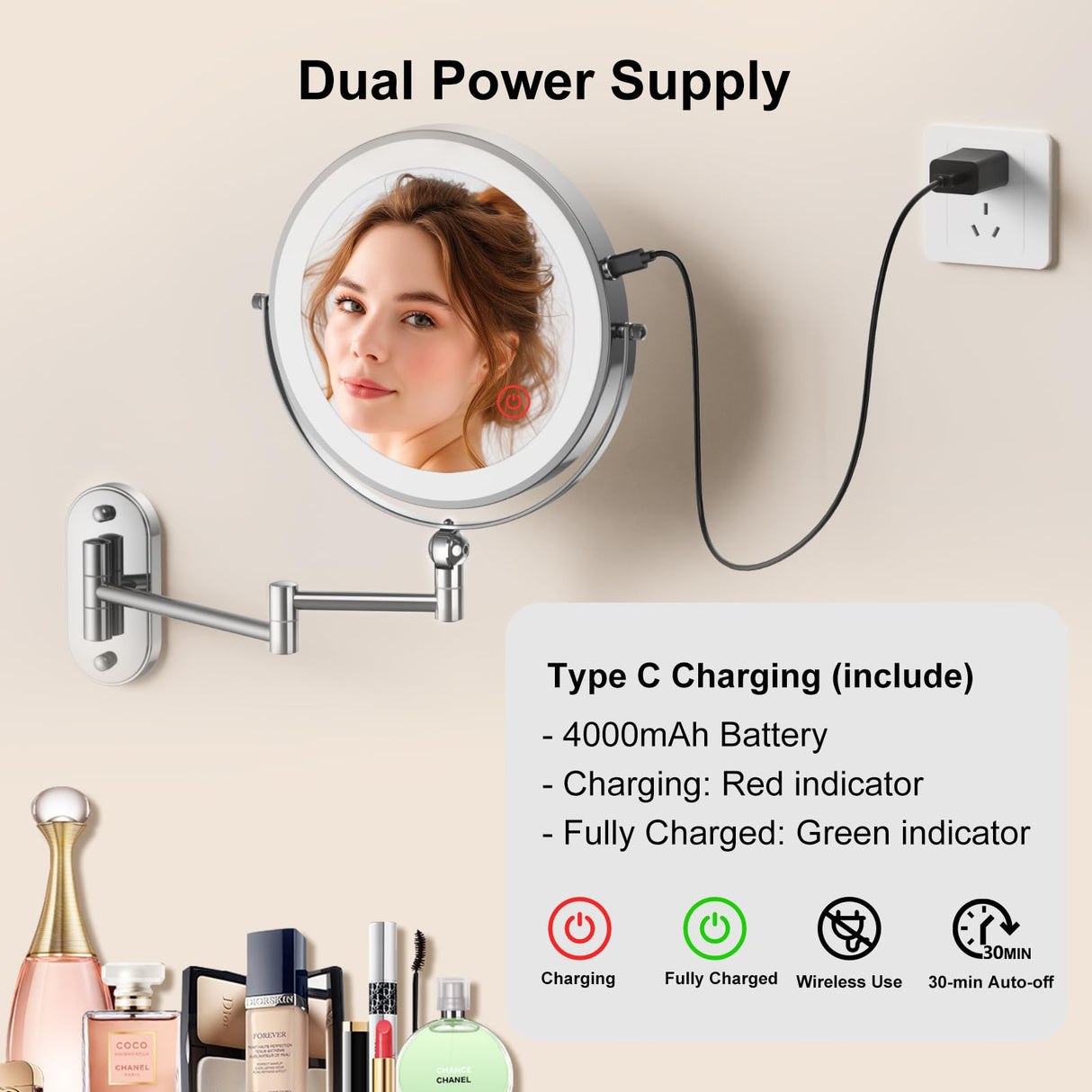 IMIKONA 9" Wall Mounted Lighted Makeup Mirror,4000mAh Rechargeable Double Sided 1X/10X Magnifying Mirror with Light,3 Color Lights,Touch Dimmable,Extended Arm 360 Rotation Wall Mounted Makeup Mirror