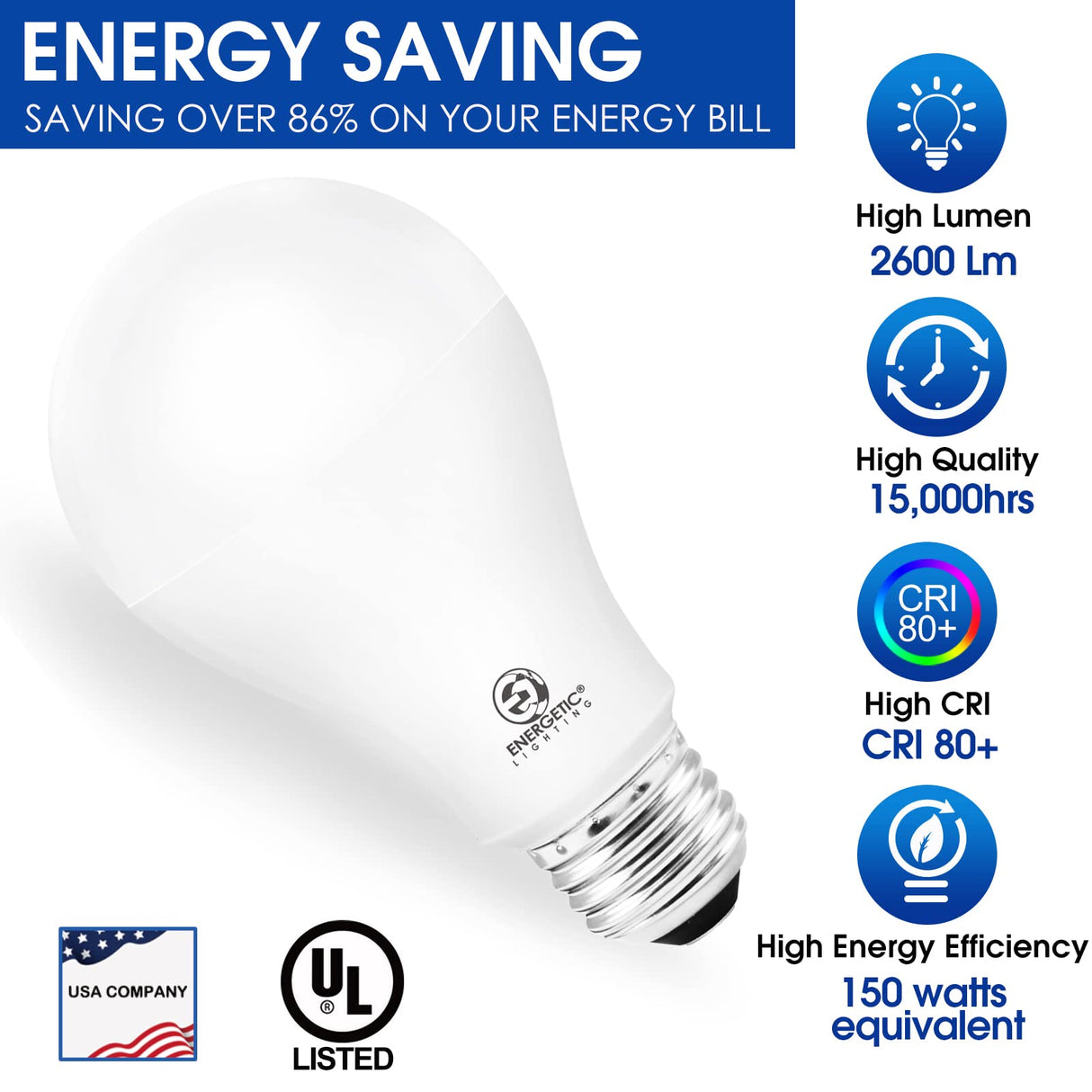 E ENERGETIC LIGHTING Dimmable A21 LED Bulb, 150 Watt Equivalent, Warm White 3000K, 2600LM, UL Listed, E26 Standard Base, Damp Rated, Super Bright Light Bulbs, 4 Pack