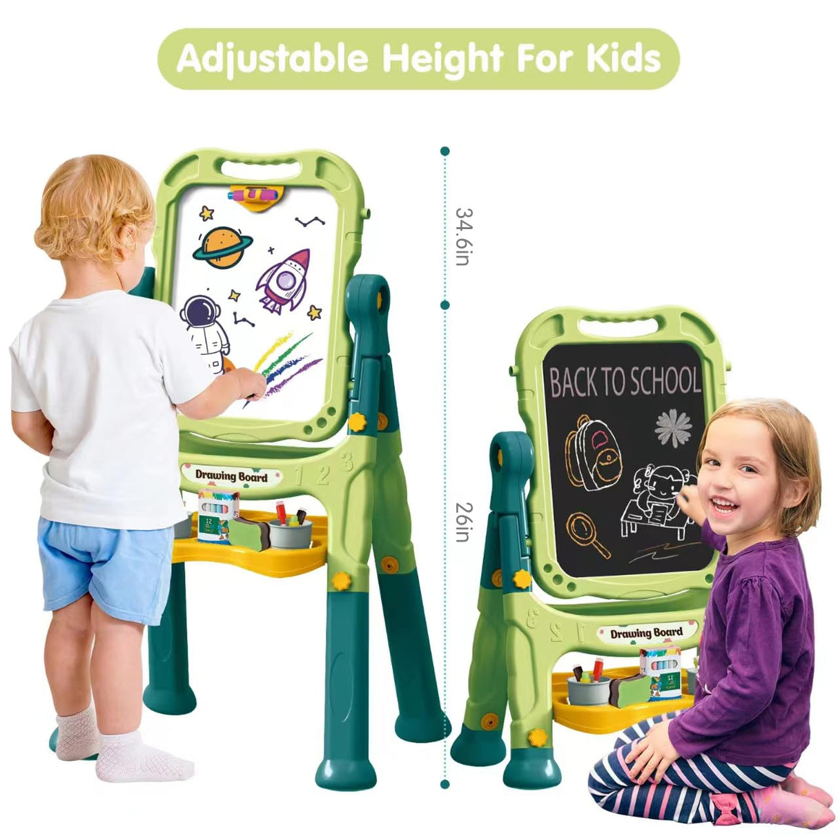Amagoing Easel for Kids, Adjustable Standing Art Easel for Toddler, Double Magnetic Drawing Board with Painting Accessories, Birthday Christmas Gift for Little Boys and Girls, Middle Size (Green)
