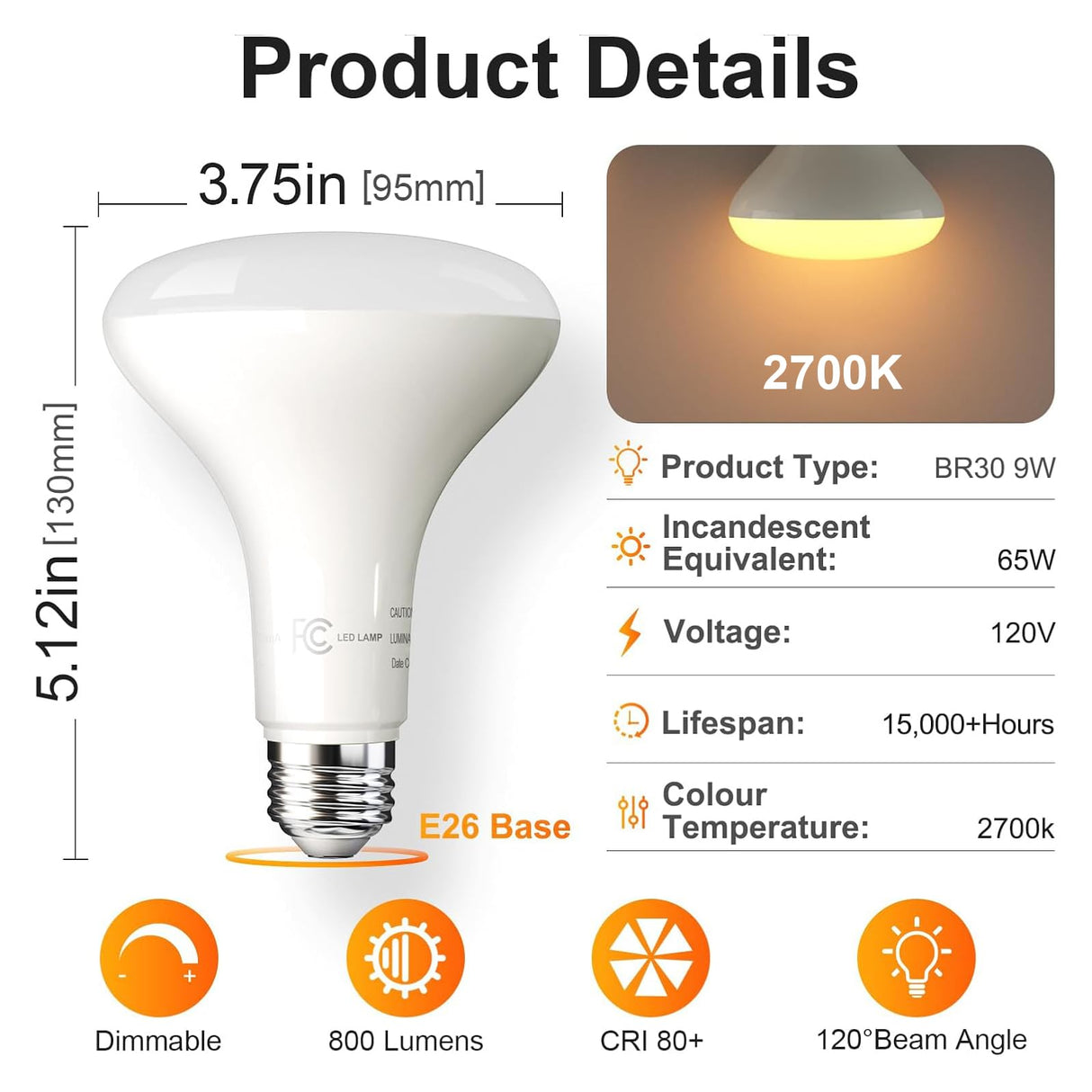 TJOY 12 Pack BR30 Flood Light Bulb Indoor, 65W Equivalent Dimmable Led Recessed Lights Bulb, 2700K Soft Warm White, E26 Base Bulbs for Kitchen Ceiling, Recessed Can, Replacement Incandescent, 9W,800LM