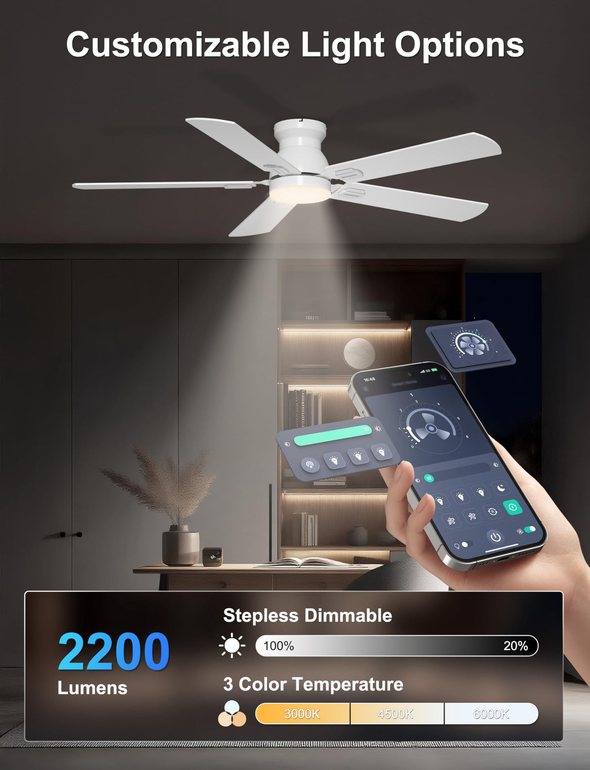 Phylluz 52'' Low Profile Ceiling Fan with Light, White Flush Mount Ceiling Fan for Low Ceilings, Quiet DC Motor, App/Remote Control, Modern Overhead Fan for Bedroom Living Room