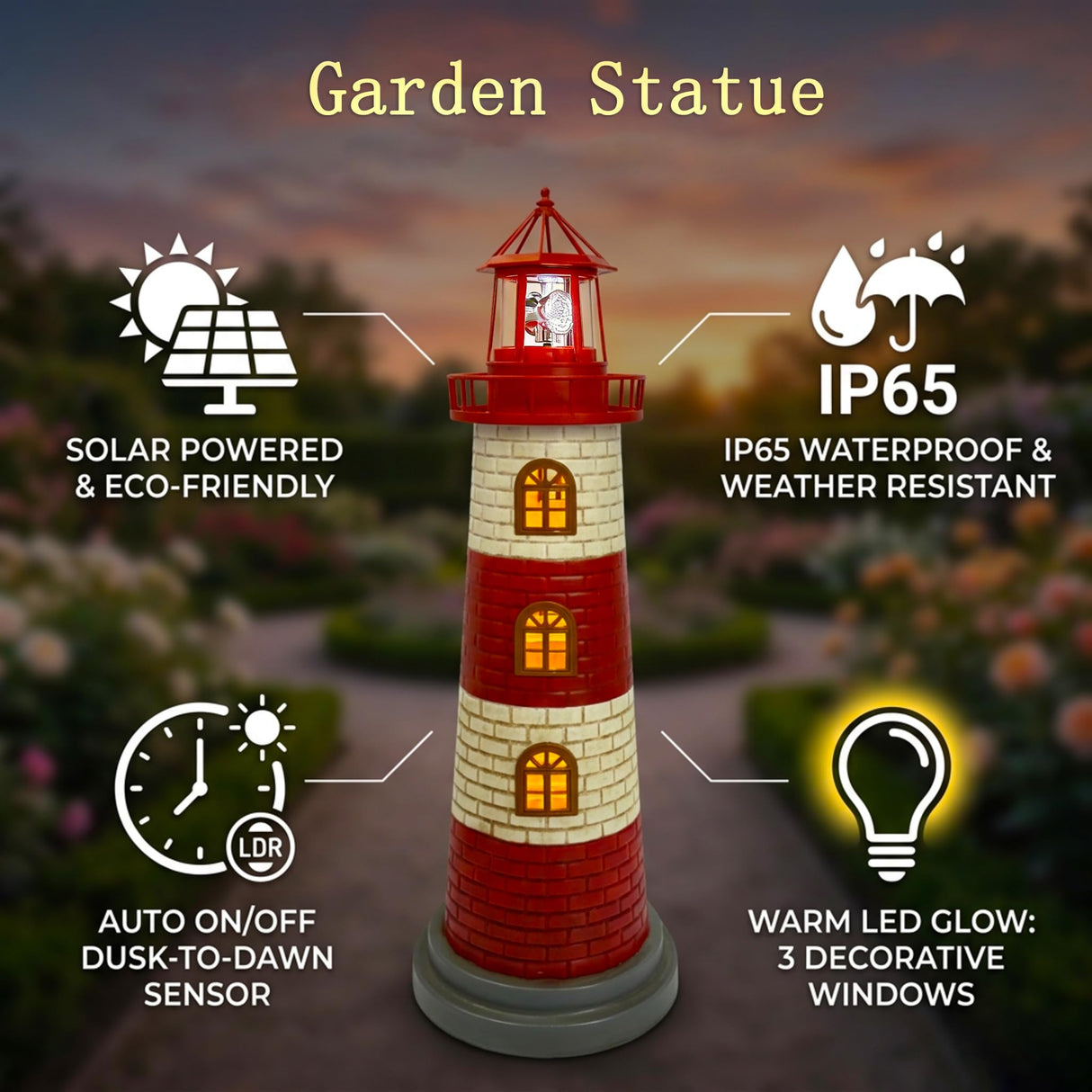 Large Garden Statues 23" Coastal Garden Decor for Outside - Lighthouse Solar Lights Outdoor Waterproof Patio Lawn Yard Decorations, Unique Housewarming Gift Garden Gifts for Family Friends (Red)