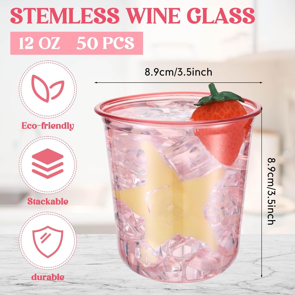 Ziliny 50 Pcs Disposable Stemless Glasses 12oz Crystal Plastic Wine Glasses Clear Classic Pet Cup for Meeting Weddings Birthdays Cocktail Christmas Party Supplies (Pink)