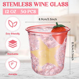 Ziliny 50 Pcs Disposable Stemless Glasses 12oz Crystal Plastic Wine Glasses Clear Classic Pet Cup for Meeting Weddings Birthdays Cocktail Christmas Party Supplies (Pink)
