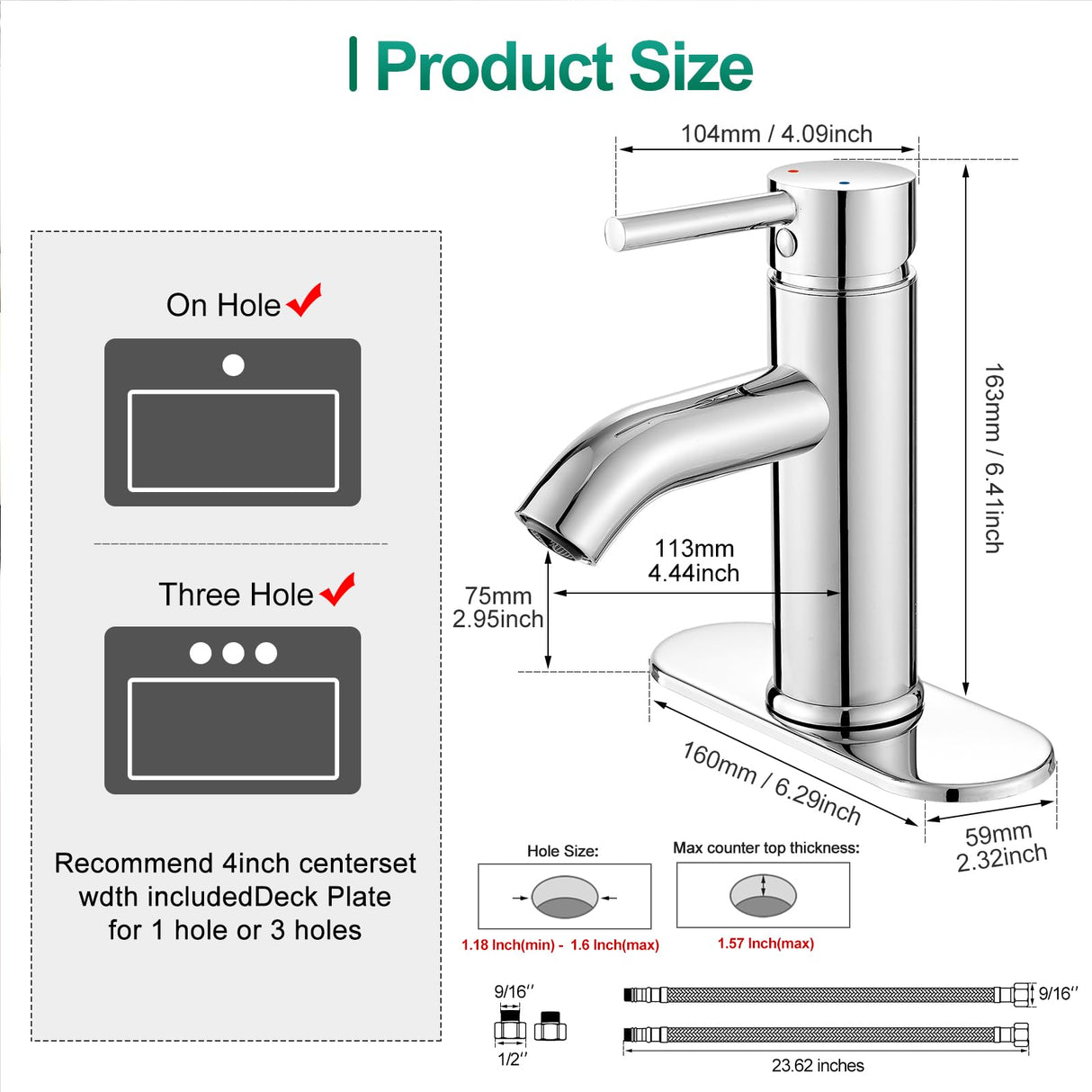 VOTON Modern Bathroom Faucet Chrome Single Handle One Hole Sink Faucet Commercial Lavatory Vanity Sink Faucet with 3/8" Hoses and Deck Plate