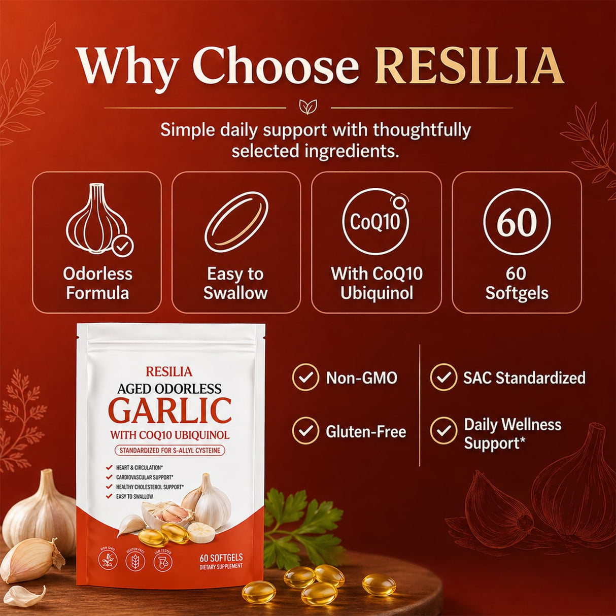 MiloLabCo Resilia Aged Garlic Extract Softgels with CoQ10 Ubiquinol, Odorless 2-Year Matured Garlic Supplement, Non-GMO, 60 Softgels