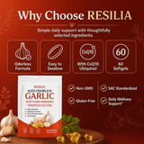 MiloLabCo Resilia Aged Garlic Extract Softgels with CoQ10 Ubiquinol, Odorless 2-Year Matured Garlic Supplement, Non-GMO, 60 Softgels