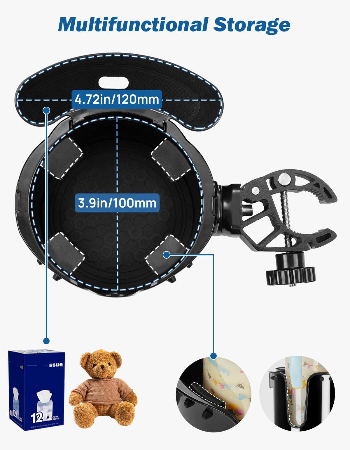 JOYTUTUS Wheelchair Cup Holder, 2-in-1 Walker Cup Holder with 4.72'' Small Storage Box, Drink Holder for Bottle with Handle, Fit for Wheelchair, Walker, Rollator, Stroller, Camper, Golf cart (Small)