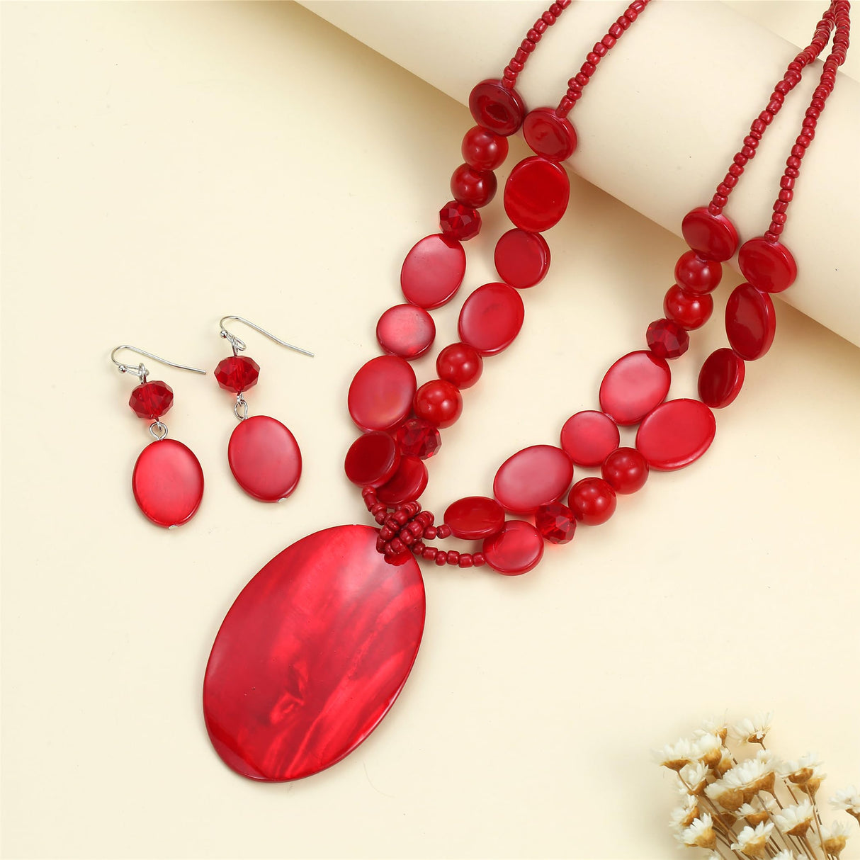 Rosslyons Big Oval Gemotric Pendant Necklace for women Double Strand Colorful Beads Statement Necklace and Earrings Set Fashion Jewelry Gifts (Red)