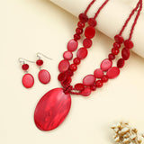Rosslyons Big Oval Gemotric Pendant Necklace for women Double Strand Colorful Beads Statement Necklace and Earrings Set Fashion Jewelry Gifts (Red)