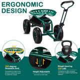 VINGLI Garden Cart with Rolling Seat, Wheels, Adjustable Steering Handle & Utility Tool Tray, Planting Wagon Scooter, Gardening Tool for Senior, for Patio, Backyard, Lawn & Outdoor (Green)