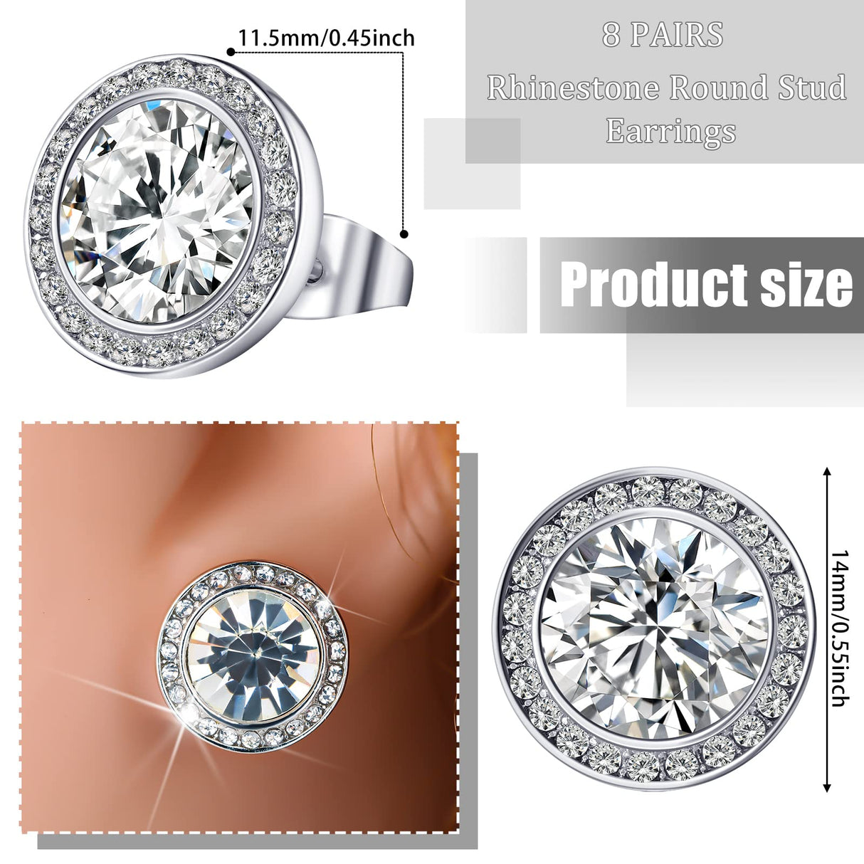 Bonuci 12 Pairs 15 mm Dance Competition Earrings Rhinestone Studs Round Earring Bulk Silver Jewelry Women Performance Wedding(Ear Stud)