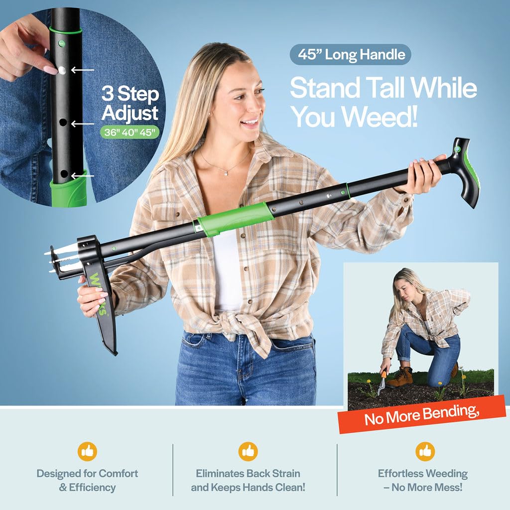 Weed Puller Tool with Long Adjustable Handle (36", 38", & 43"), Quick-Release Weed Ejector Mechanism, Lightweight Aluminum Stand-Up Heavy Duty Weed Remover, 4-Claw Head & Foot Pedal for Easy Weeding