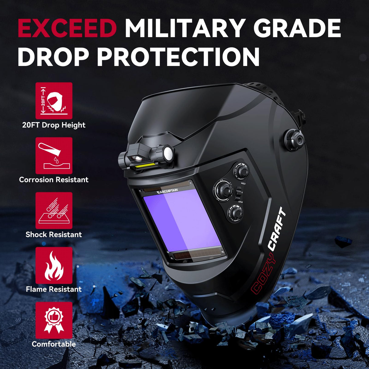 ARCCAPTAIN Large View 3.94" x 3.66" True Color Auto Darkening Welding Helmet with Light, Solar Powered Welding Hood, 4 Arc Sensor Wide Shade 4/5-9/9-13 for Stick MIG TIG Cut