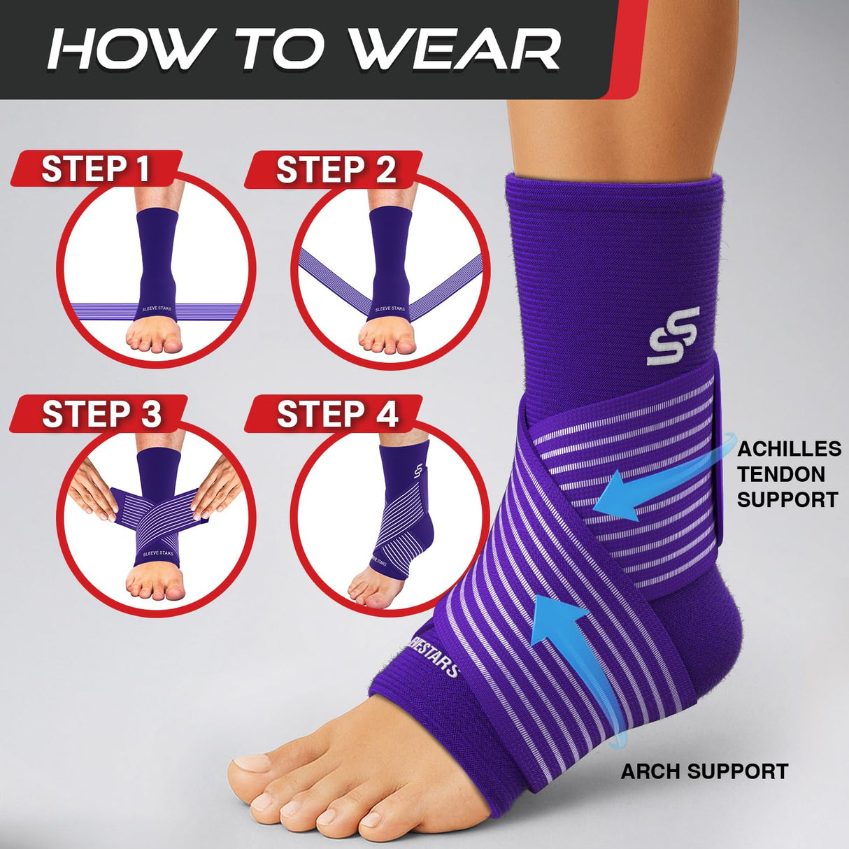 Sleeve Stars Ankle Brace for Women & Men, Ankle Wrap for Sprain, Compression Sleeve for Plantar Fasciitis Relief, Easy Customizable Support: w/ Removable Strap (Single/M:10"-12"/Dark Purple)