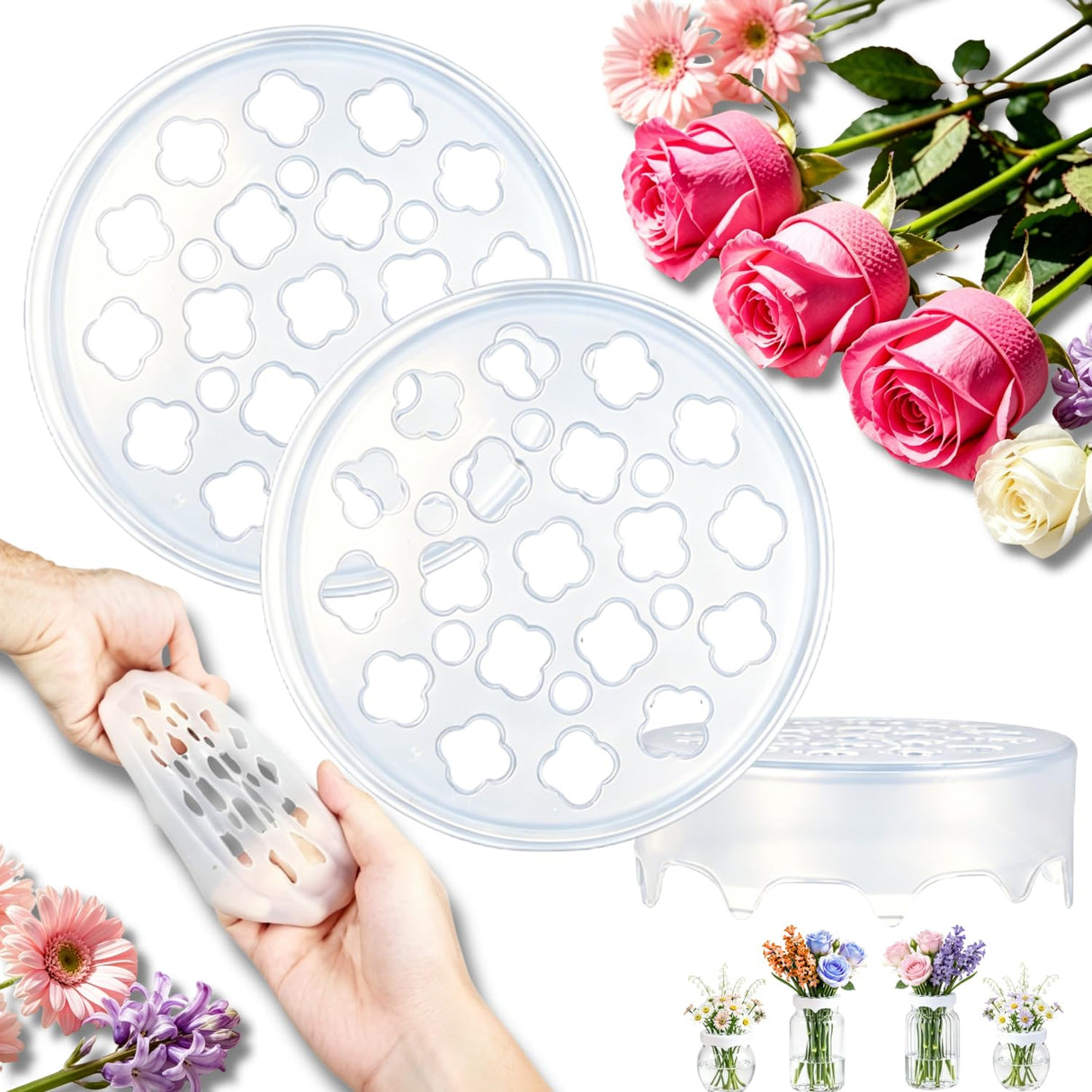 Silicone Flower Arranging Grid, Reusable Stretch Floral Grid Arranger, Clear Flexible Silicone Spiral Stem Holder for Outdoors and Indoors Easy Ikebana Vase Arrangement (2 PCS)