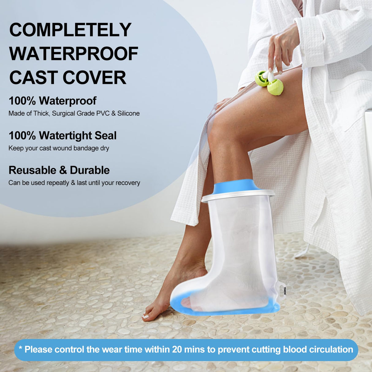 YUNCHI Waterproof Foot Cover for Shower Adults with Non-Slip Bottom, Reusable Watertight Foot Ankle Cast Protector for Foot Surgery Casts Bandages Wounds Dressing