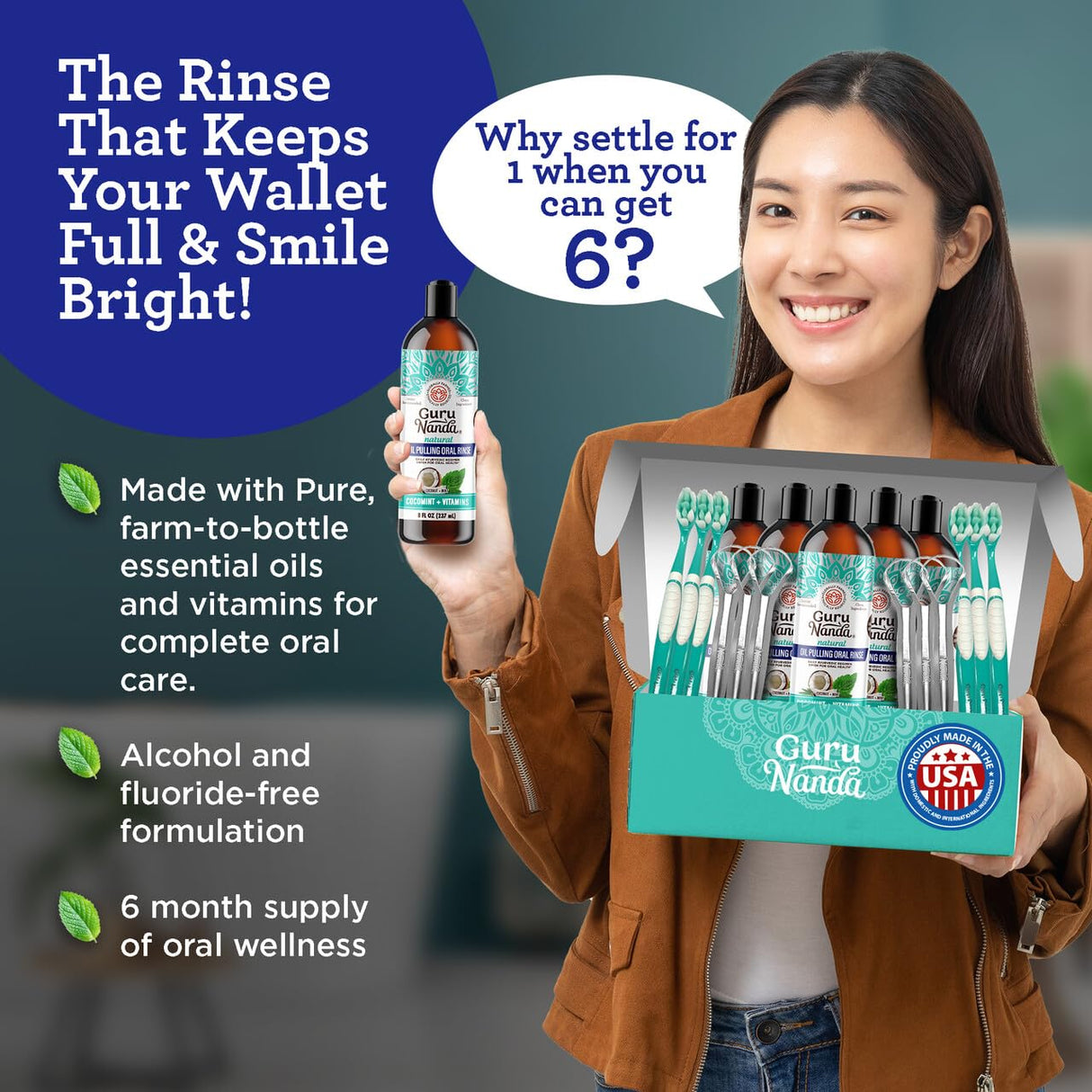 GuruNanda CocoMint Oil Pulling Mouthwash for Complete Oral Hygiene, 7 Essential Oils & Vitamins for Happy Teeth & Gums & Fresh Breath, Alcohol-Free, 6X8 oz