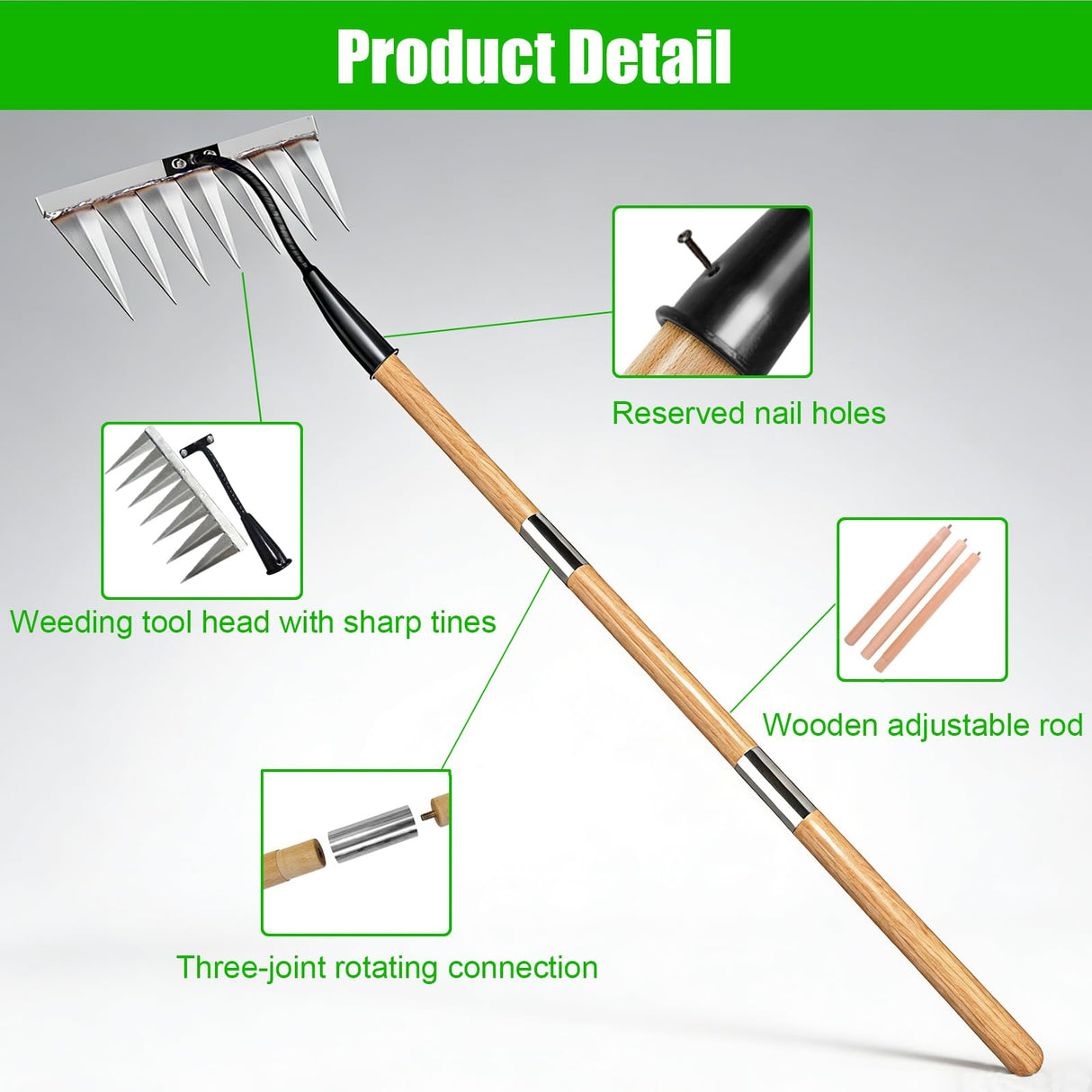 Garden Weeding Rake, Heavy Duty Iron Weeding Rake Gardening Tool with 55 Inch Long Handle, All-Steel Hardened Weed Puller Tool, Manual Garden Weed Rake Tool for Yard, Lawn Loosening Planting Weeding