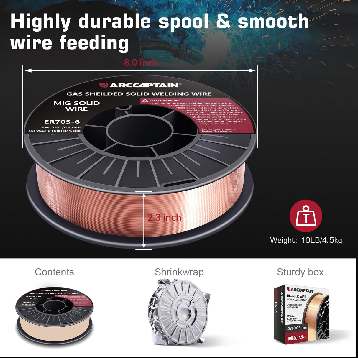 ARCCAPTAIN Mig Welding Wire, 0.035 10Lb Mig Wire ER70S-6 10Lbs Gas Solid Carbon Steel Low Splatter Mig Welding Wire Compatible With Lincoln Miller Forney Harbor Welder 0.09 4.5KG