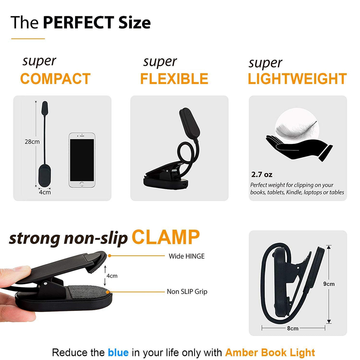 Amber Light + Giftable Amber Book Light - Blue Light Blocking - Night Reading Booklight Store. Rechargeable. 1600K for Reading in Bed at Night. Perfect as a Giftable Kindle Light and LED Book Light.