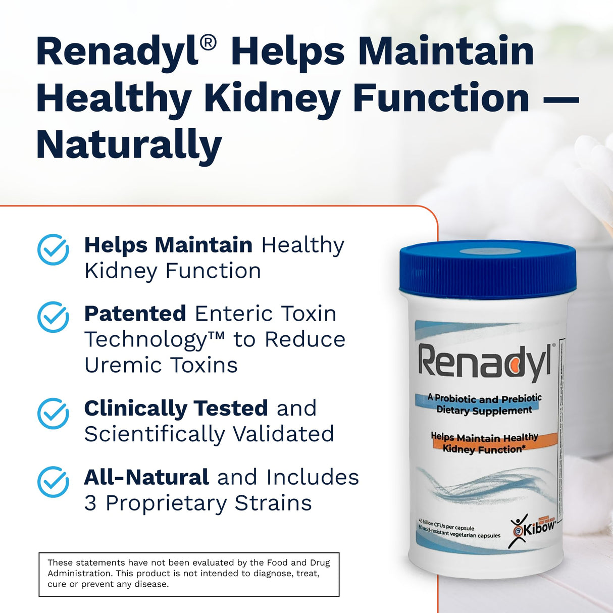 Renadyl Kidney Probiotic Supplement | Urea, Creatinine, & Uric Acid Support | 45 Billion CFUs | Clinically Tested, Non-GMO, & Made in USA, 60 Capsules (1 Bottle, 1 Month Supply)