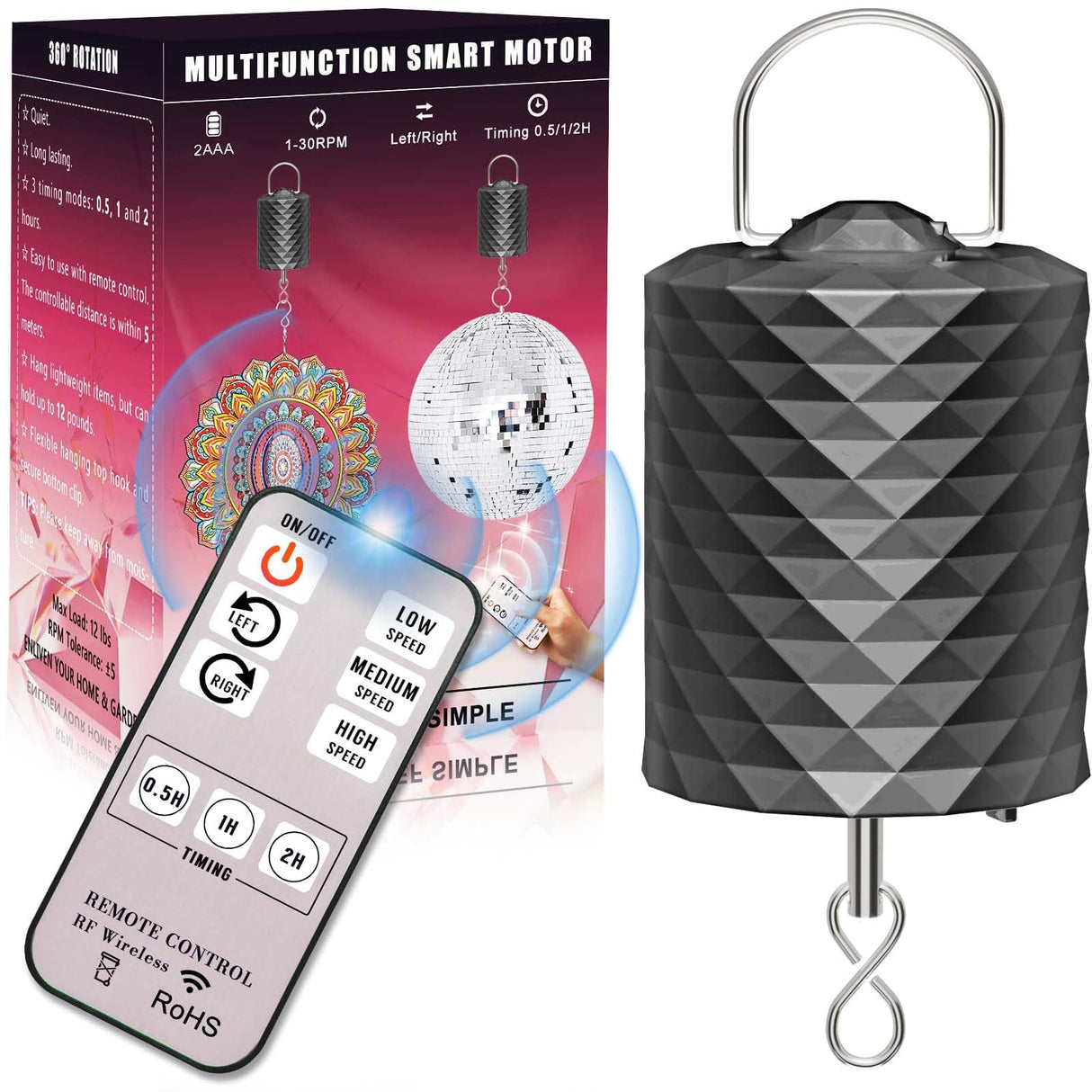 Disco Ball Motor with Remote, 1-30 RPM 3 Speeds & 2-Way Rotation,12LBS Capacity, 0.5/1/2H Timing for 6-20" Mirror Ball, Battery Operated Slow Control Wind Chime Spinner for Baby Crib Mobile Decor