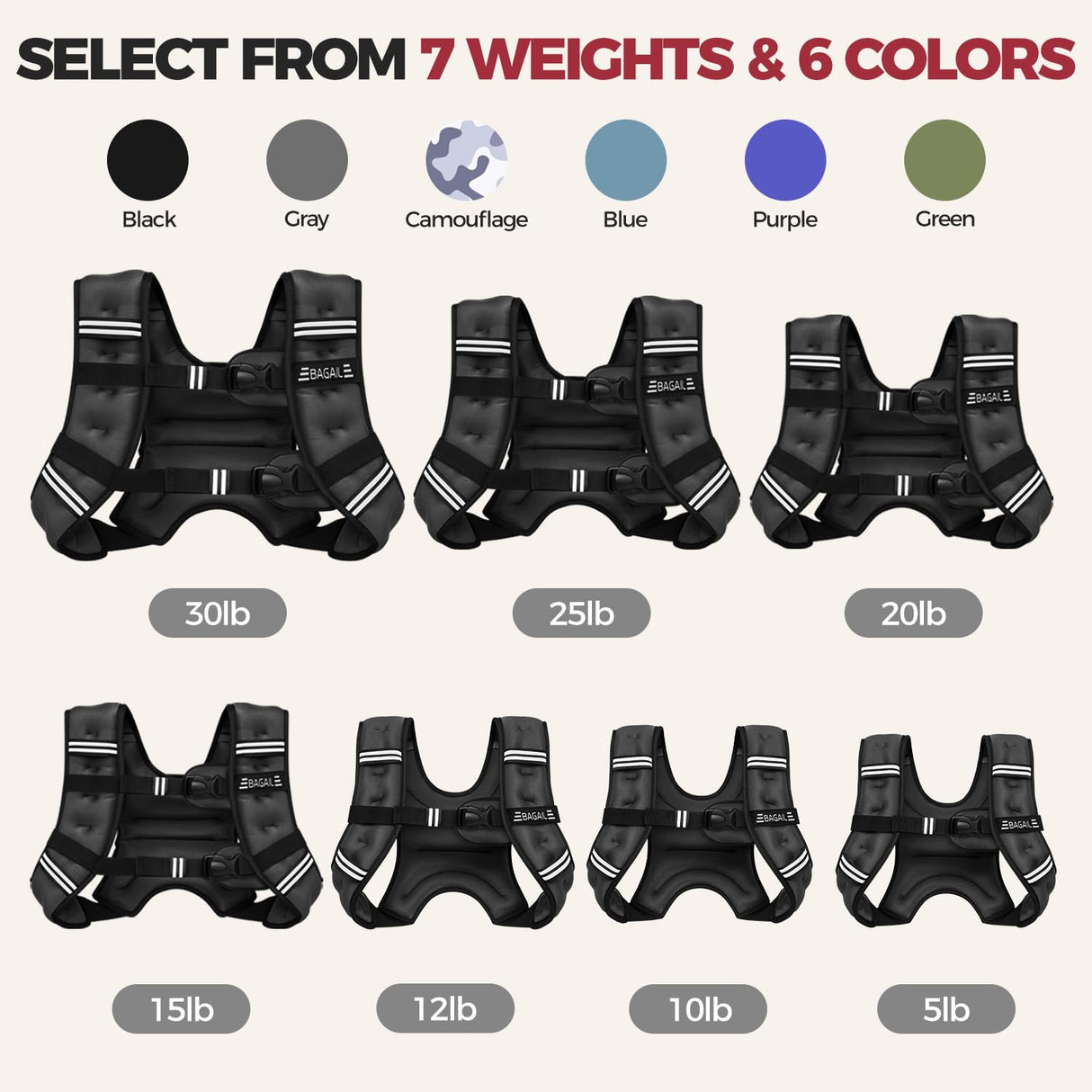 BAGAIL Weighted Vest, 5lbs/10lbs/12lbs/15lbs/20lbs/25lbs/30lbs Weight Vest with Detachable Phone Pouch, Rucking Vest for Women, Men, Walking, Weight Loss, Training, Running