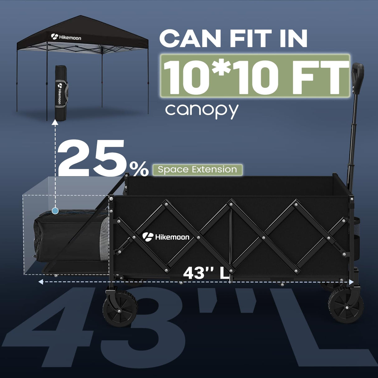 HIKEMOON 43'' Extra Long Folding Wagon with Extended Tailgate, Black