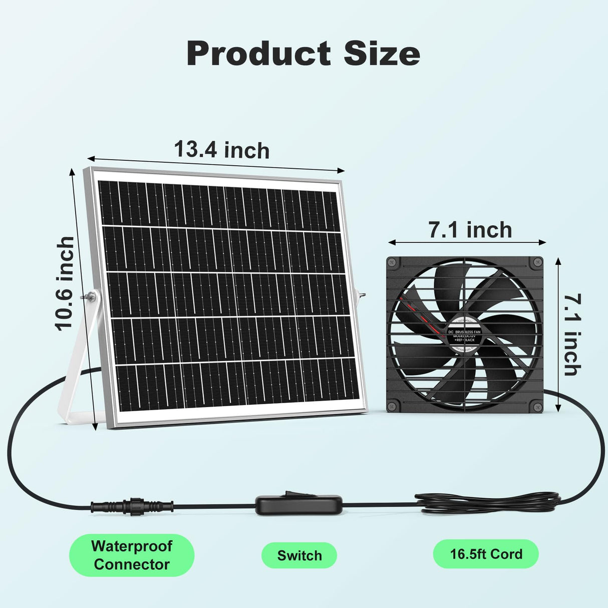 pqins 7.1" Large Solar Greenhouse Fan, 25W Solar Powered Vent Exhaust and Intake Chicken Coop Fan Outdoor Waterproof, 16.5 ft Cord, Strong Airflow for Shed Doghouse Cabin Ventilation Air Circulation