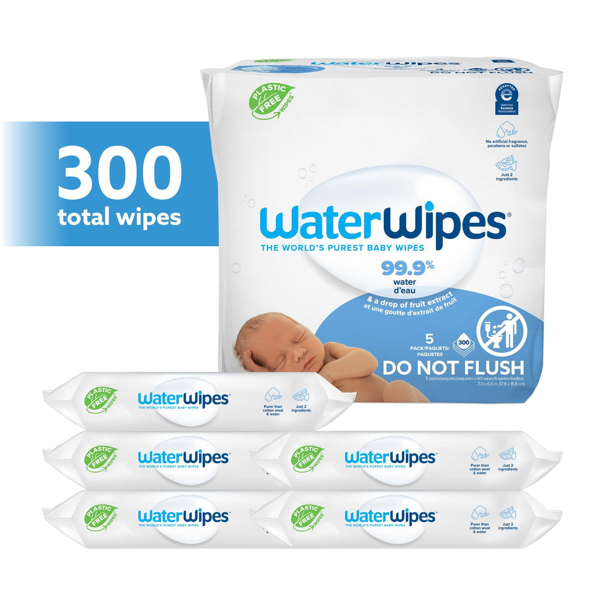 WaterWipes Plastic-Free Original Baby Wipes, 99.9% Water Based Wipes, Unscented & Hypoallergenic for Sensitive Skin, 1080 Count (18 packs)