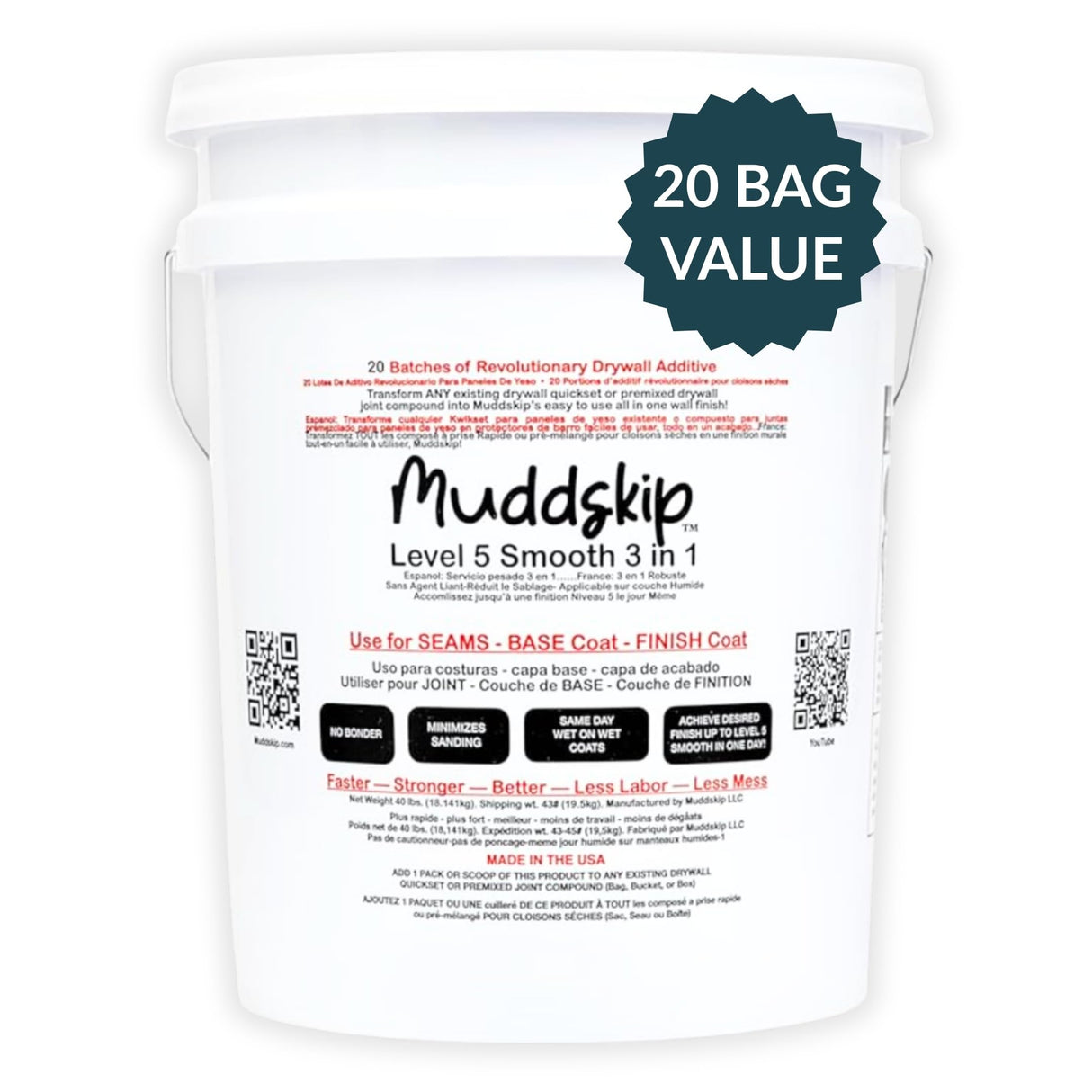MuddSkip Smooth Drywall Additive Powder, 40 lbs in 5-Gallon Bucket | Level 5+ Finish, No Sanding Required, Same-Day Wet-on-Wet Coats | Made in USA