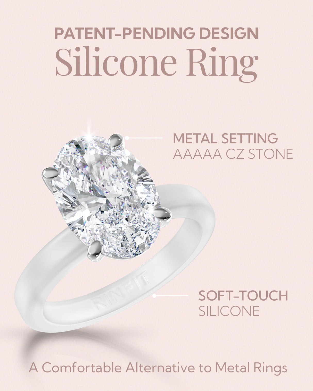 Rinfit Thin Silicone Ring with CZ, Gift Box - Frosted Clear/Oval, Size 7