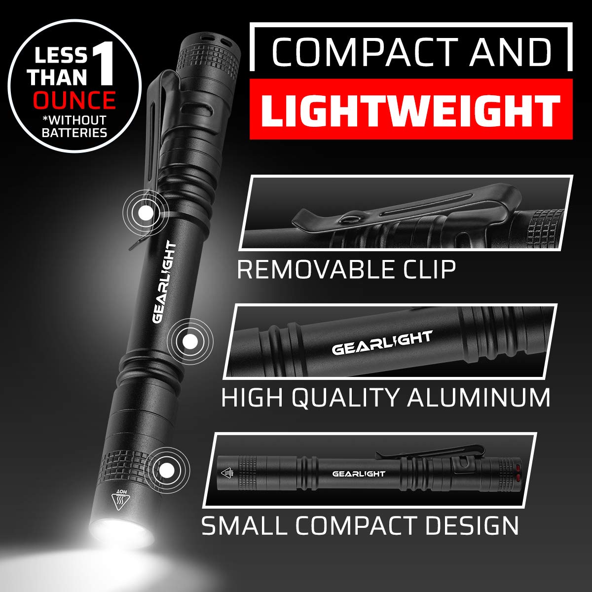 GearLight S100 LED Pocket Pen Light- 2 Small, Compact Flashlights with Clip for Tight Spaces, Police Inspection, Nurses & Medical Use - White Light - 2 Pack, (S100 Pen Light)