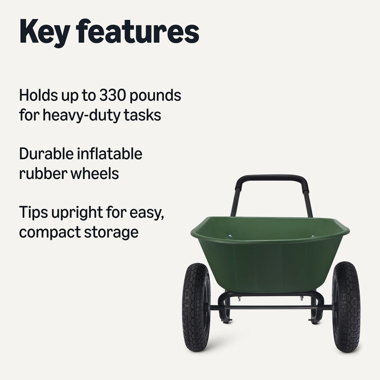 Amazon Basics Garden Wheelbarrow, Heavy Duty, 330 Pounds Capacity, 3.7 Cubic Feet, 26.8W x 53.9D x 27.2H inches, Green, 1-Pack