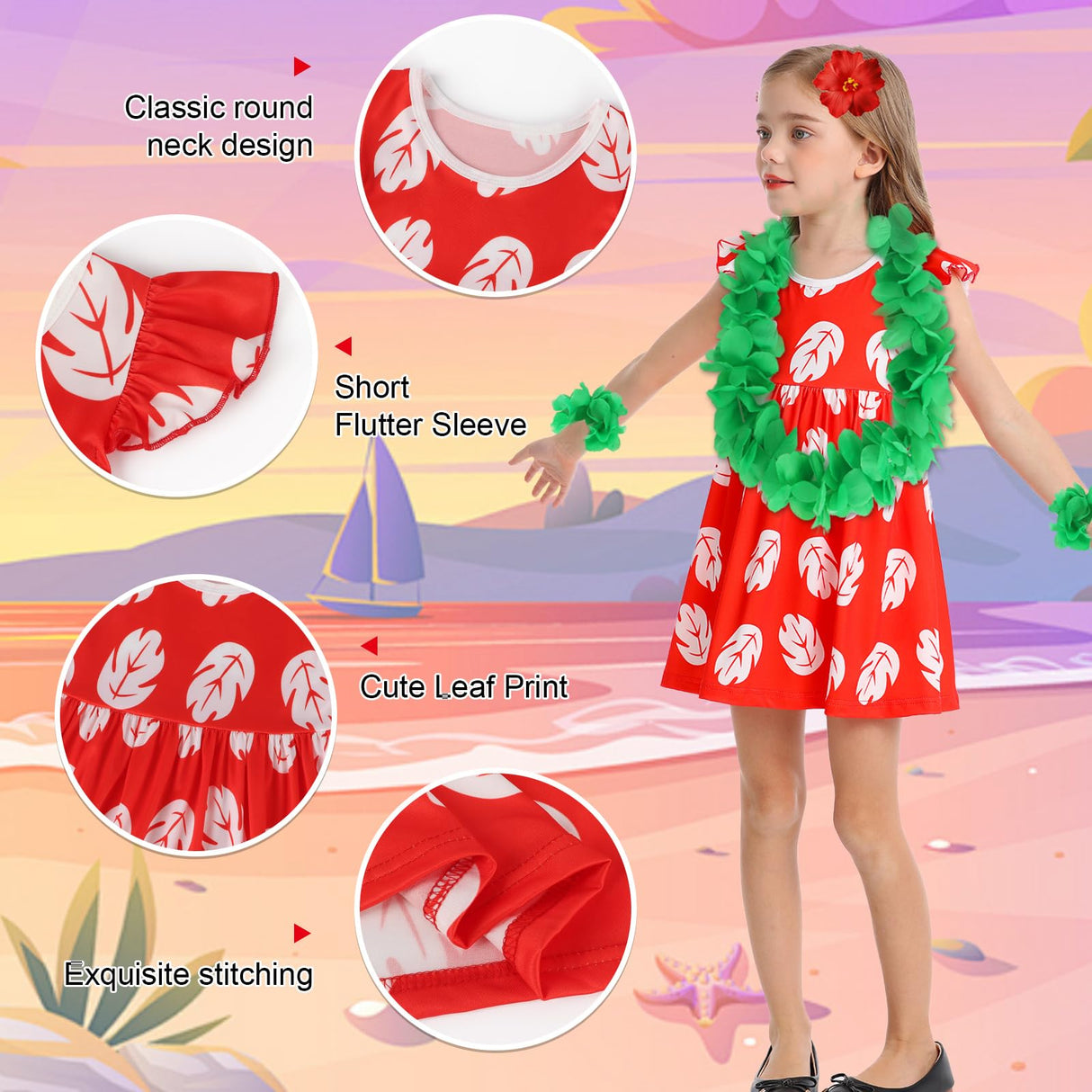 Benylion Hawaiian Dress for Girls Red Leaf Dress With Flowers Hairpin Summer Dresses Halloween Christmas Costumes Party Wear 7-8 Years