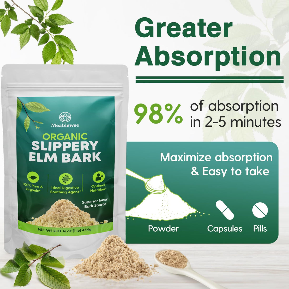 Slippery Elm, with Superior Inner Bark Source, Slippery Elm Bark Natural Herb for Soothing Throat* & Digestive, Diarrhea, Gut Health, 100% Pure & Vegan, Non-GMO, Made in The USA, 1 lb (349 Serving)