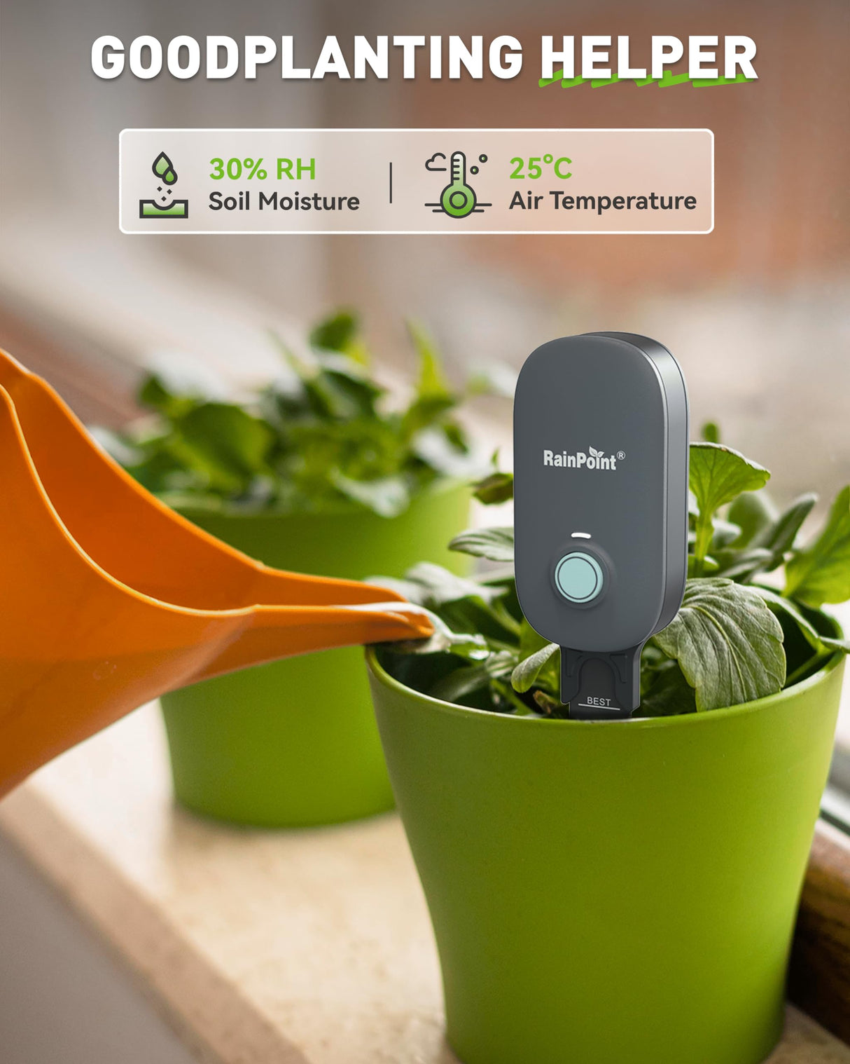 RAINPOINT Bluetooth 2-in-1 Soil Moisture & Air Temp Meter, App Remote Monitoring, 20 Plant Database, Compatible with WiFi Hub TWG009 & Water Timer ITV102b