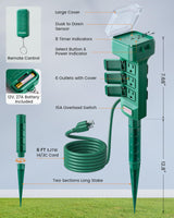 SURAIELEC Outdoor Power Stake Timer Waterproof, 100FT Wireless Remote Control, Dusk to Dawn Timer, 6 Grounded Plug Outlets, 6FT Extension Cord, for Christmas Lights, Garden, Patio Lights