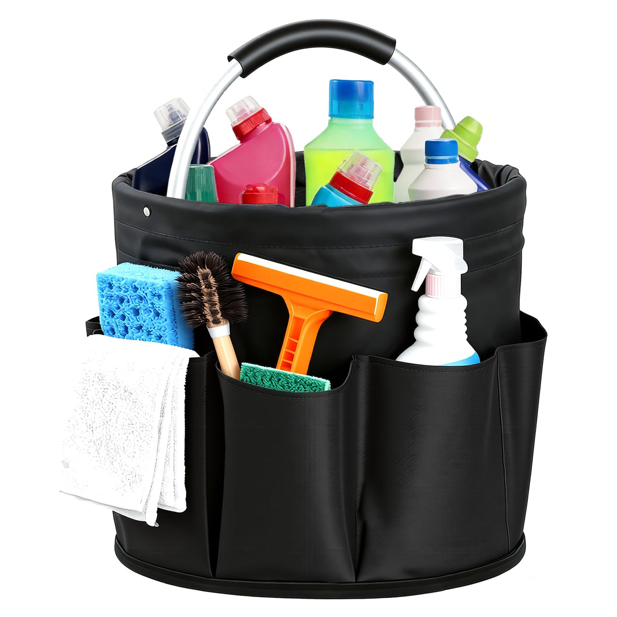 CIHTL Cleaning Caddy with Handle, Cleaning Products Organiser, Foldable Storage Basket, Large Supply Organiser 17L with 6 Pockets, Portable Cleaning Caddy for Home & Garden (Black)