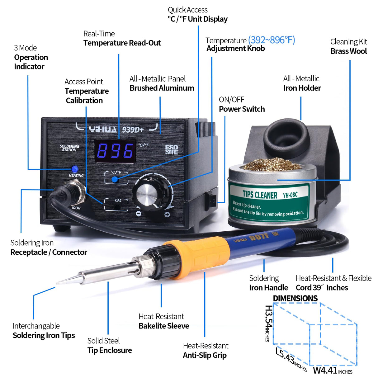YIHUA 939D+ Digital Soldering Station, 75W Equivalent with Precision Heat Control (392°F to 896°F) and Built-in Transformer. ESD Safe, Lead Free with °C/°F display (Black)