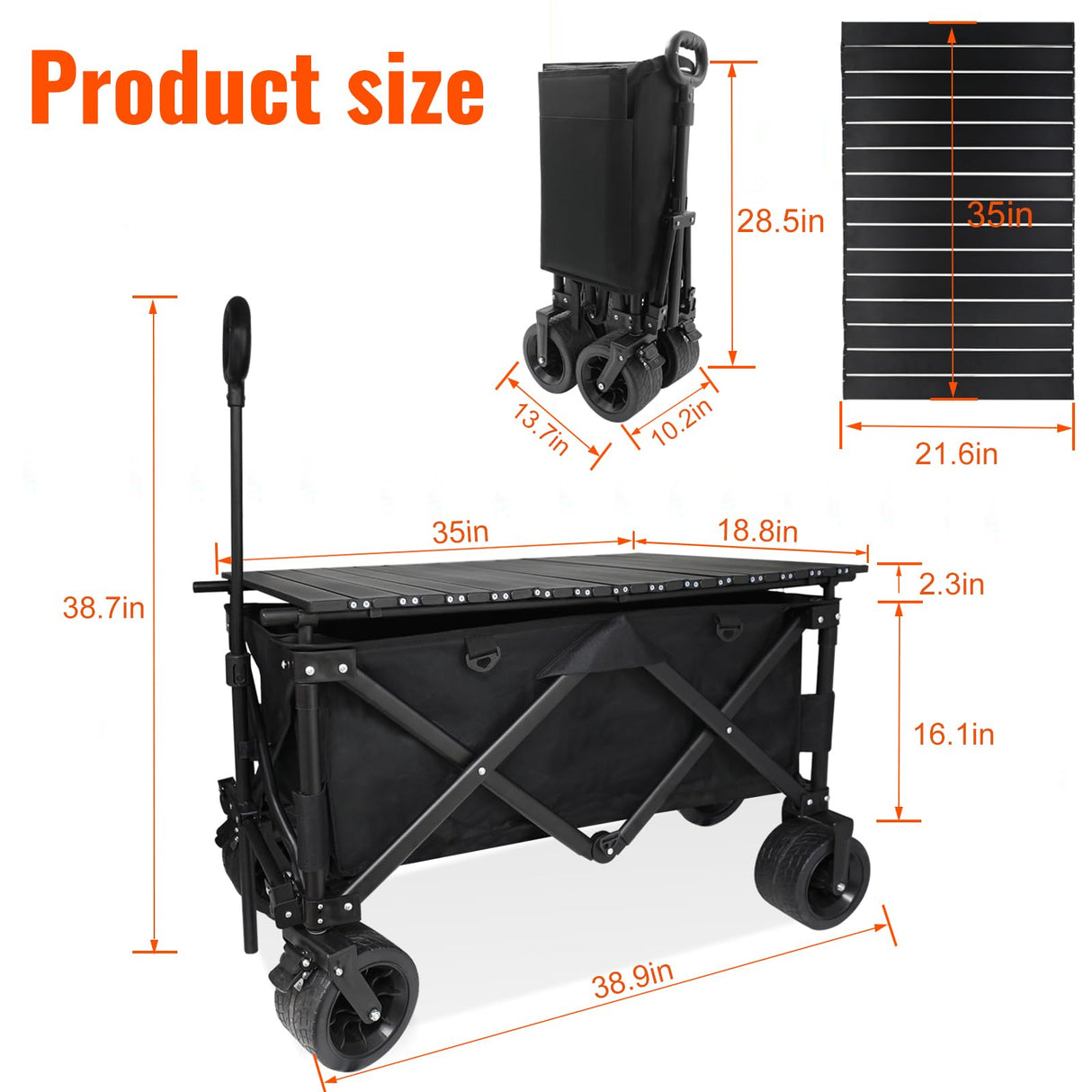 Collapsible Foldable Wagon Cart with Big Wheels and Tabletop, Large Capacity 440Lbs Folding Utility Wagon Carts for Sand, Beach, Camping, Shopping, Sport (Black)