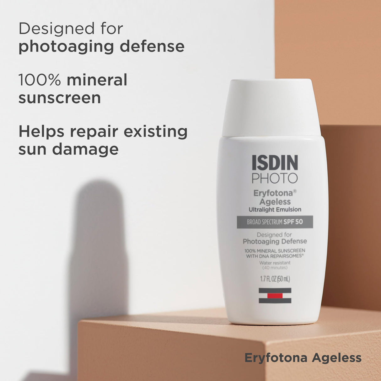ISDIN Eryfotona Ageless Tinted Mineral Sunscreen for Face, SPF 50 Zinc Oxide Formula Helps Repair Sun Damage, 1.7 Fl.Oz. Travel-Size Tube, Water Resistant and Non-comedogenic