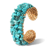 Rattan Bracelet Handmade Lightweight Straw Wicker Braid Cuff Bangle Bracelet Statement Adjustable Bohemian Rattans Woven Chunky Bracelets for Summer Wrist Jewelry (Z Rattan Cuff Bracelet Turquoise)